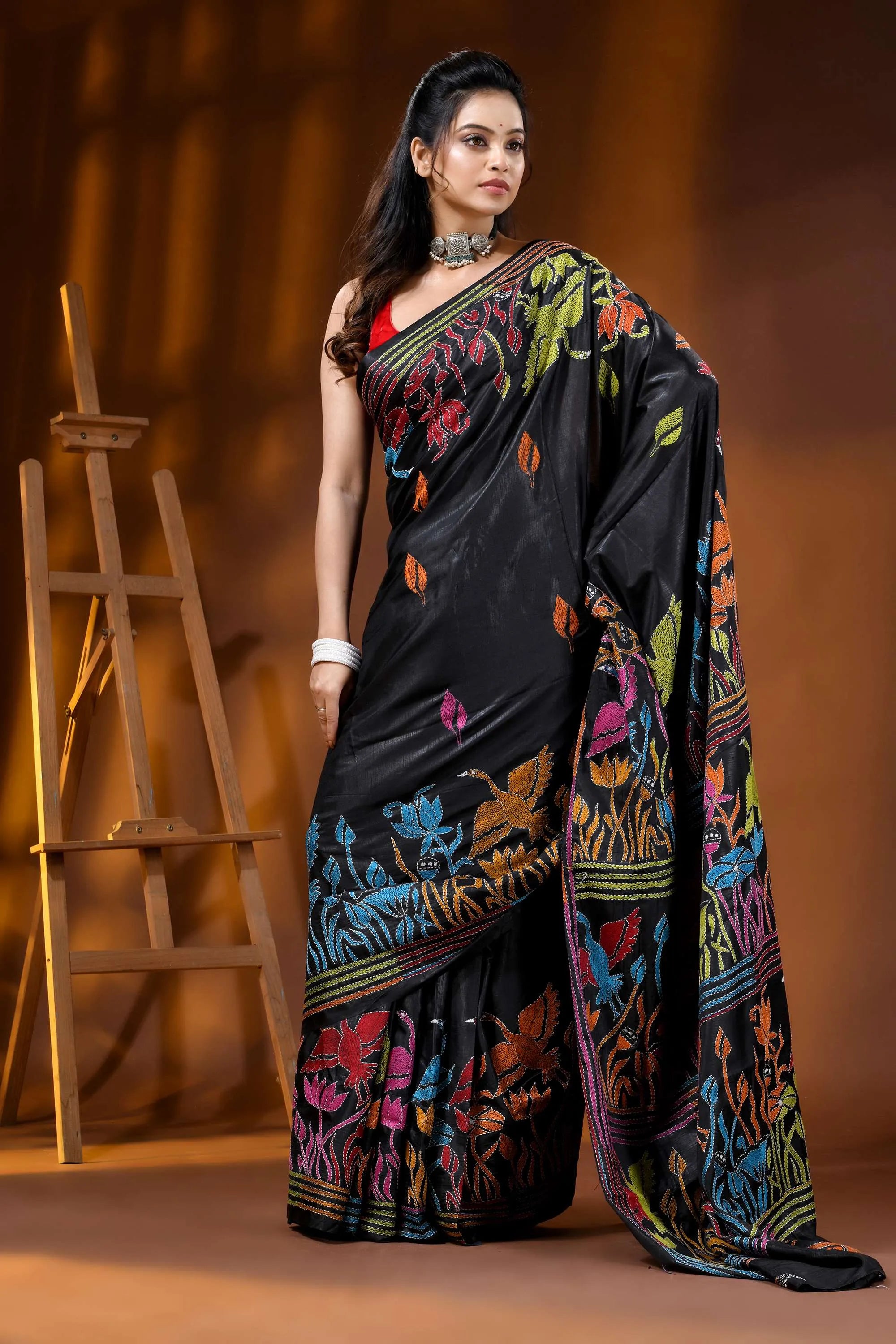 Pitch black multicolor nature motif hand embroidered silk kantha saree 4