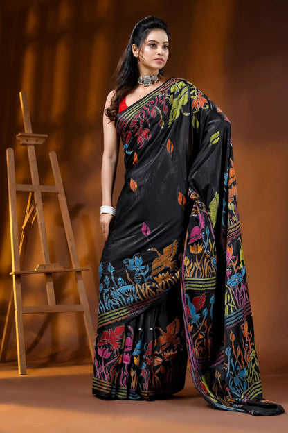 Pitch black multicolor nature motif hand embroidered silk kantha saree 4