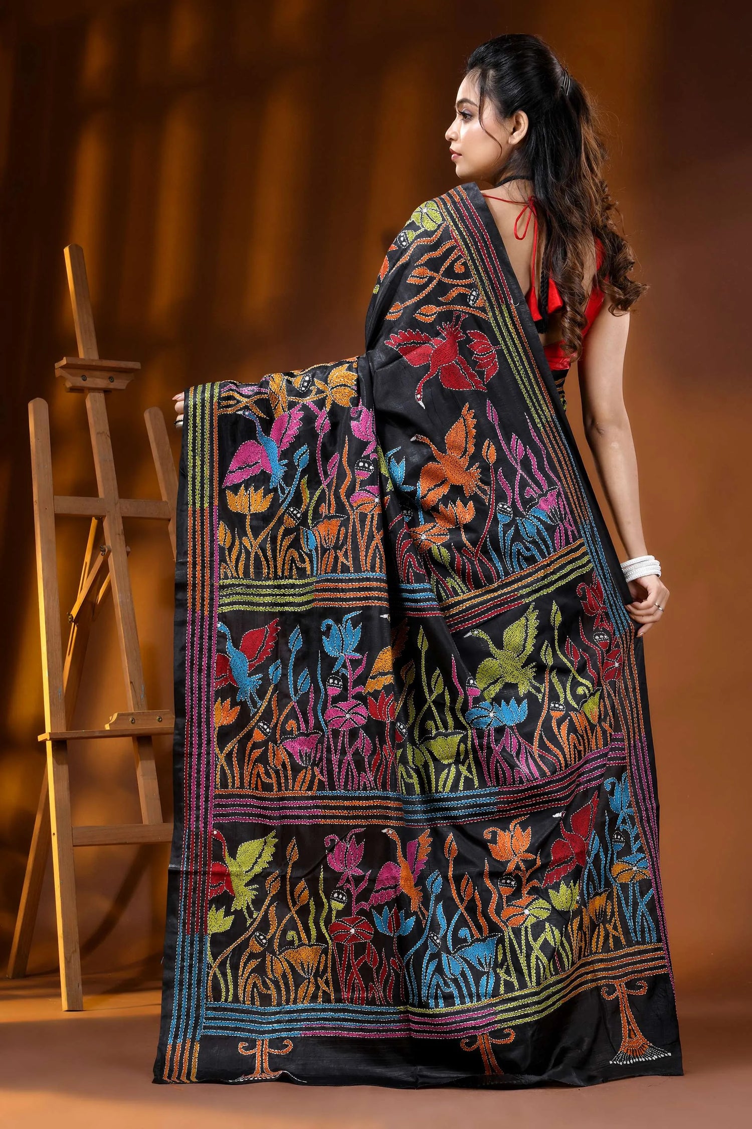 Pitch black multicolor nature motif hand embroidered silk kantha saree 5