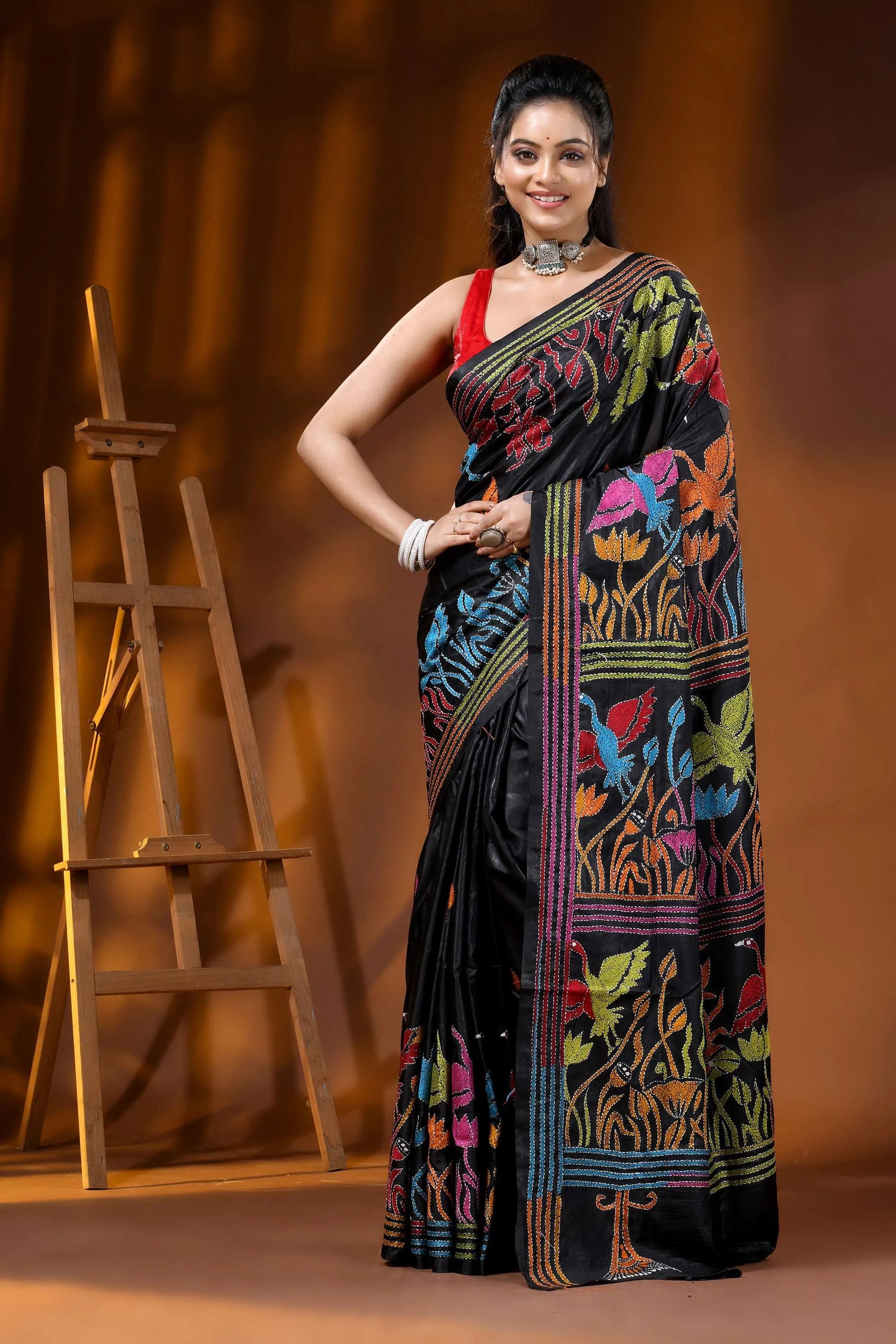 Pitch black multicolor nature motif hand embroidered silk kantha saree 1