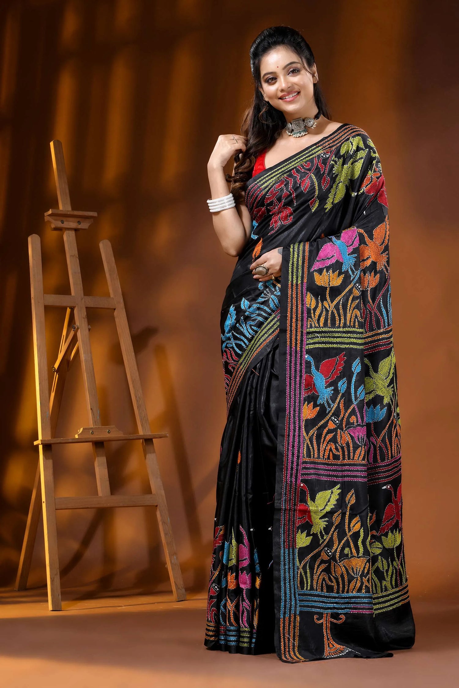 Pitch black multicolor nature motif hand embroidered silk kantha saree 6