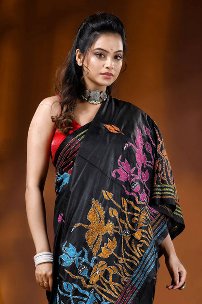 Pitch black multicolor nature motif hand embroidered silk kantha saree 2