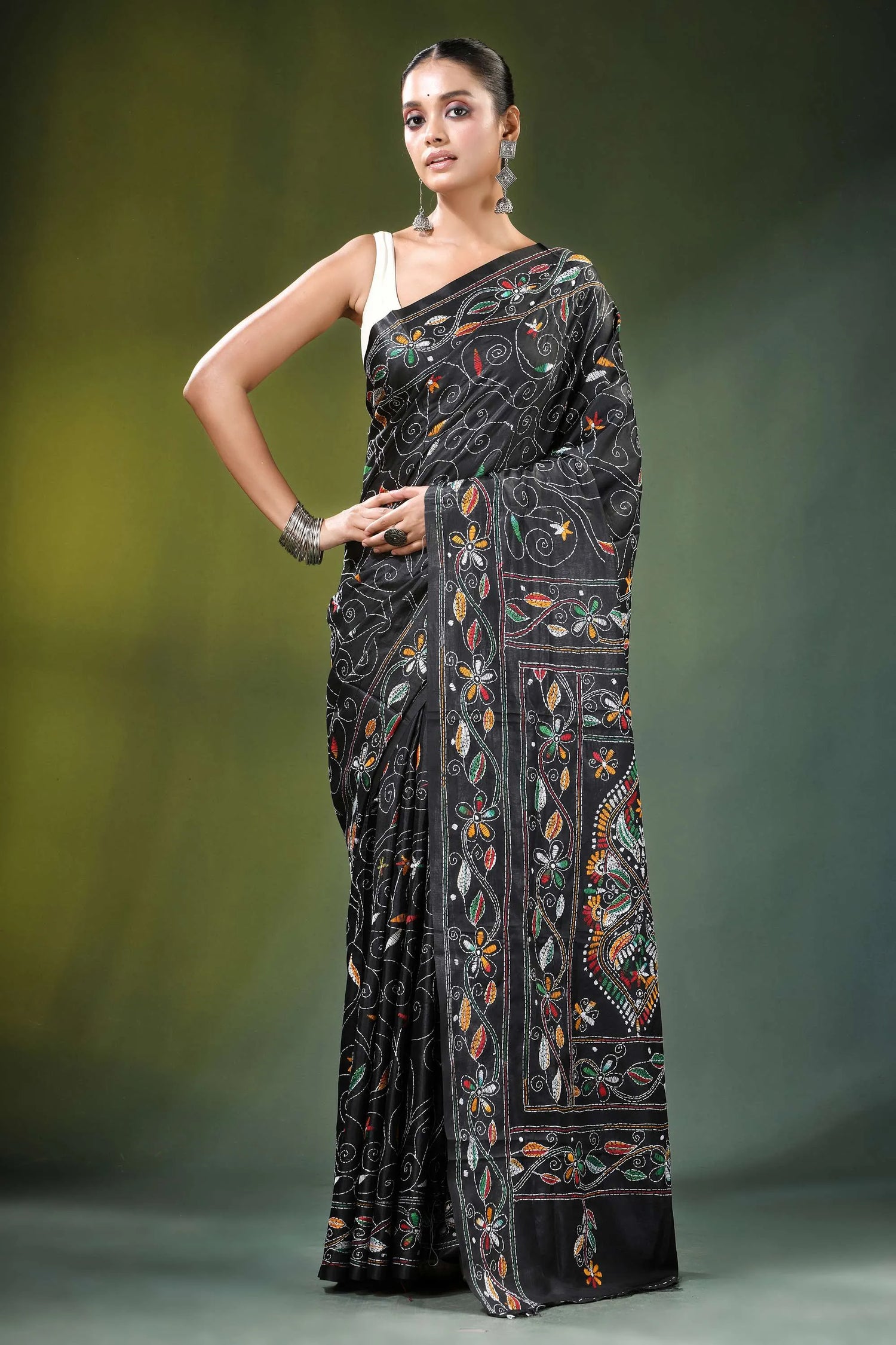 Pitch black multicolor paisley handcrafted silk kantha saree adorned intricate 6