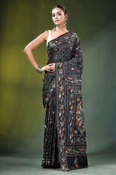 Pitch black multicolor paisley handcrafted silk kantha saree adorned intricate 6