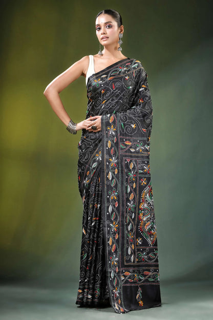 Pitch black multicolor paisley handcrafted silk kantha saree adorned intricate 6