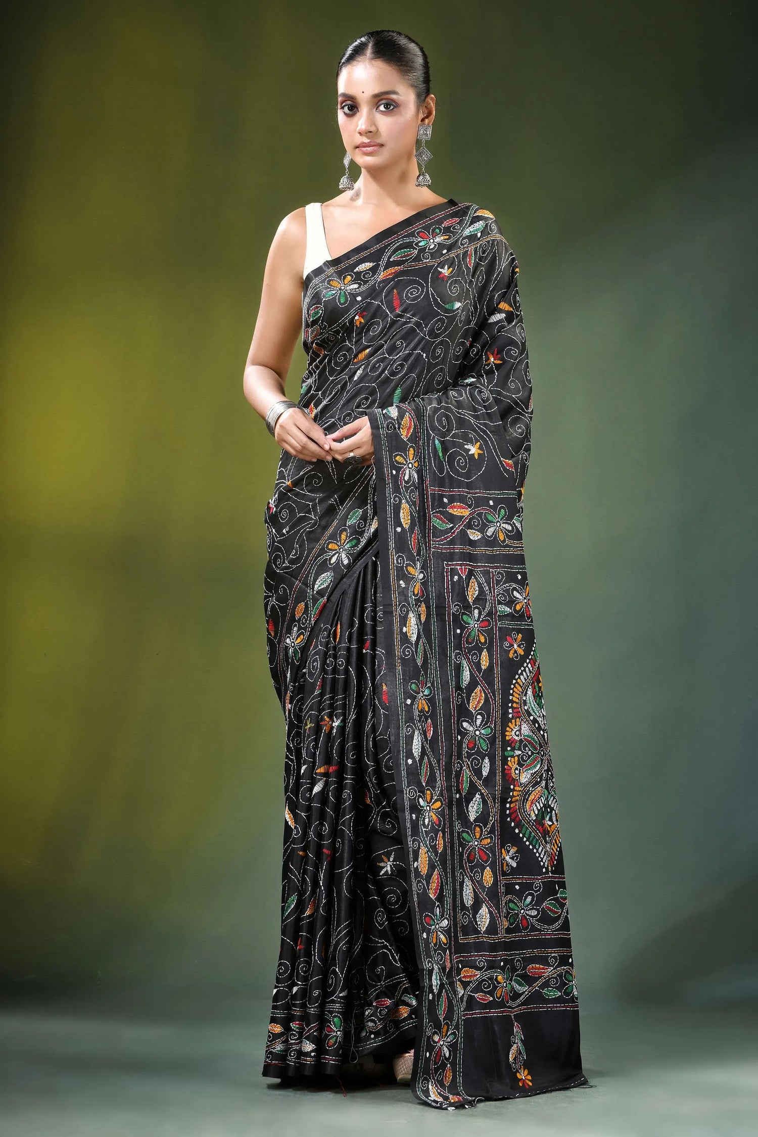 Pitch black multicolor paisley handcrafted silk kantha saree embroidered intricate floral 1