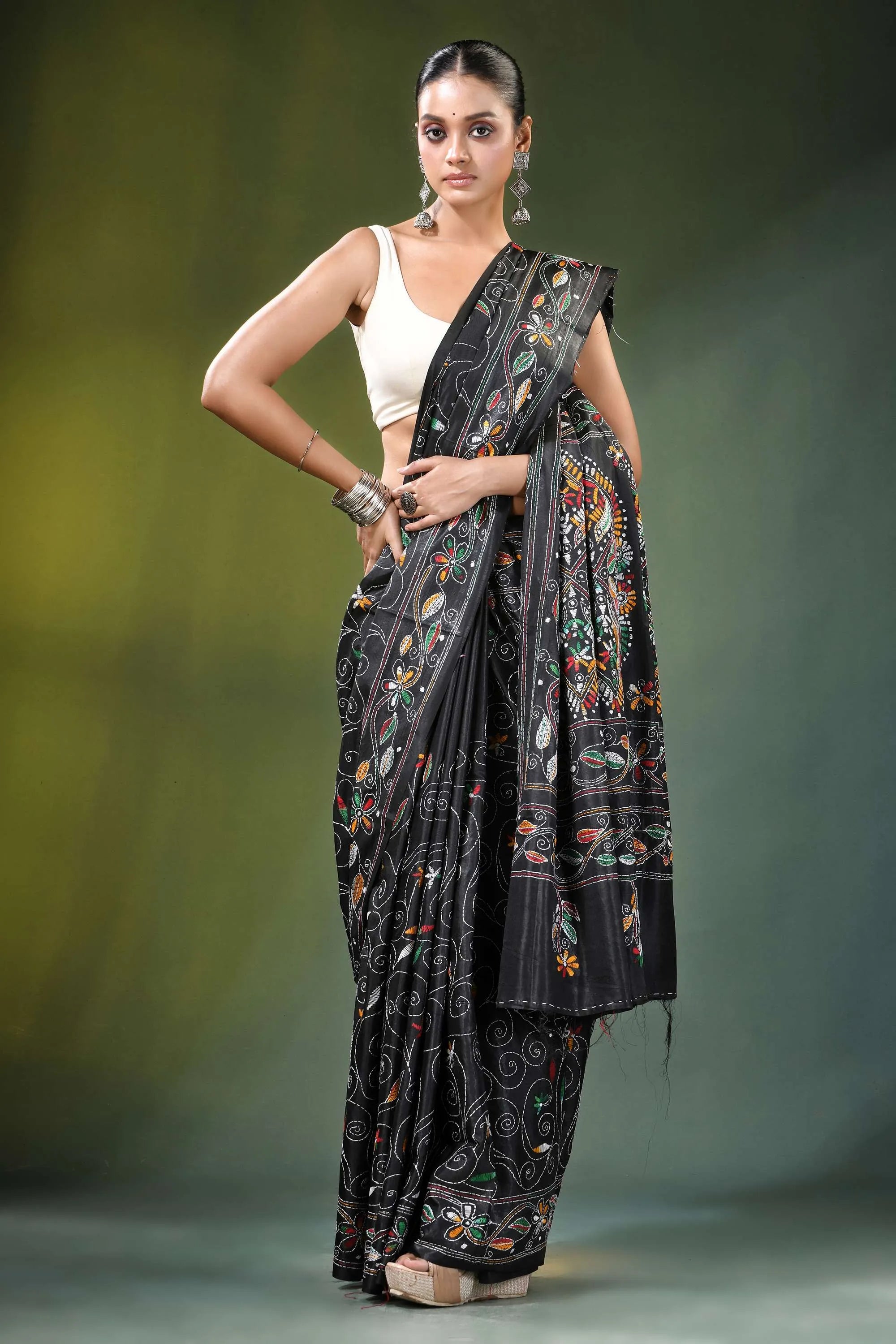 Pitch black multicolor paisley handcrafted silk kantha saree intricate multicolored 4