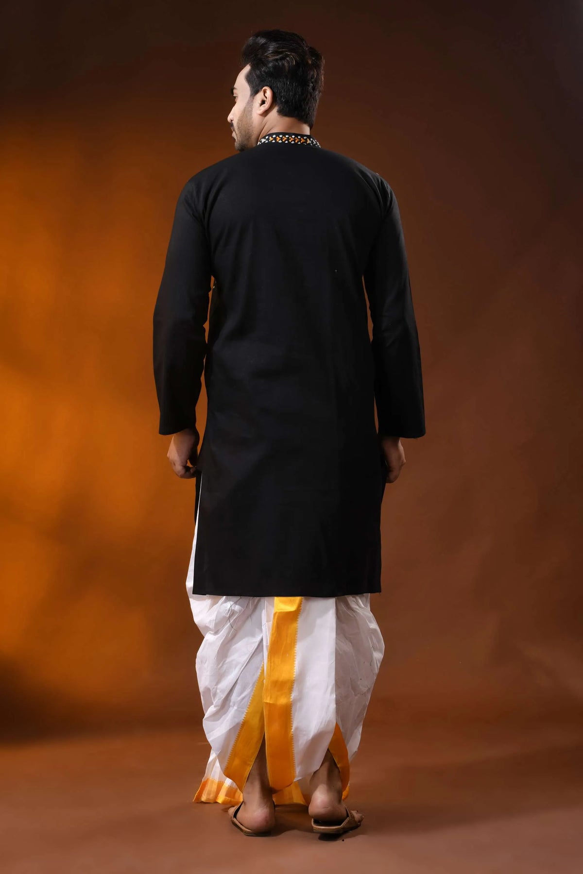 Pitch black multicolor thread kantha stitch pure cotton kurta for men 5