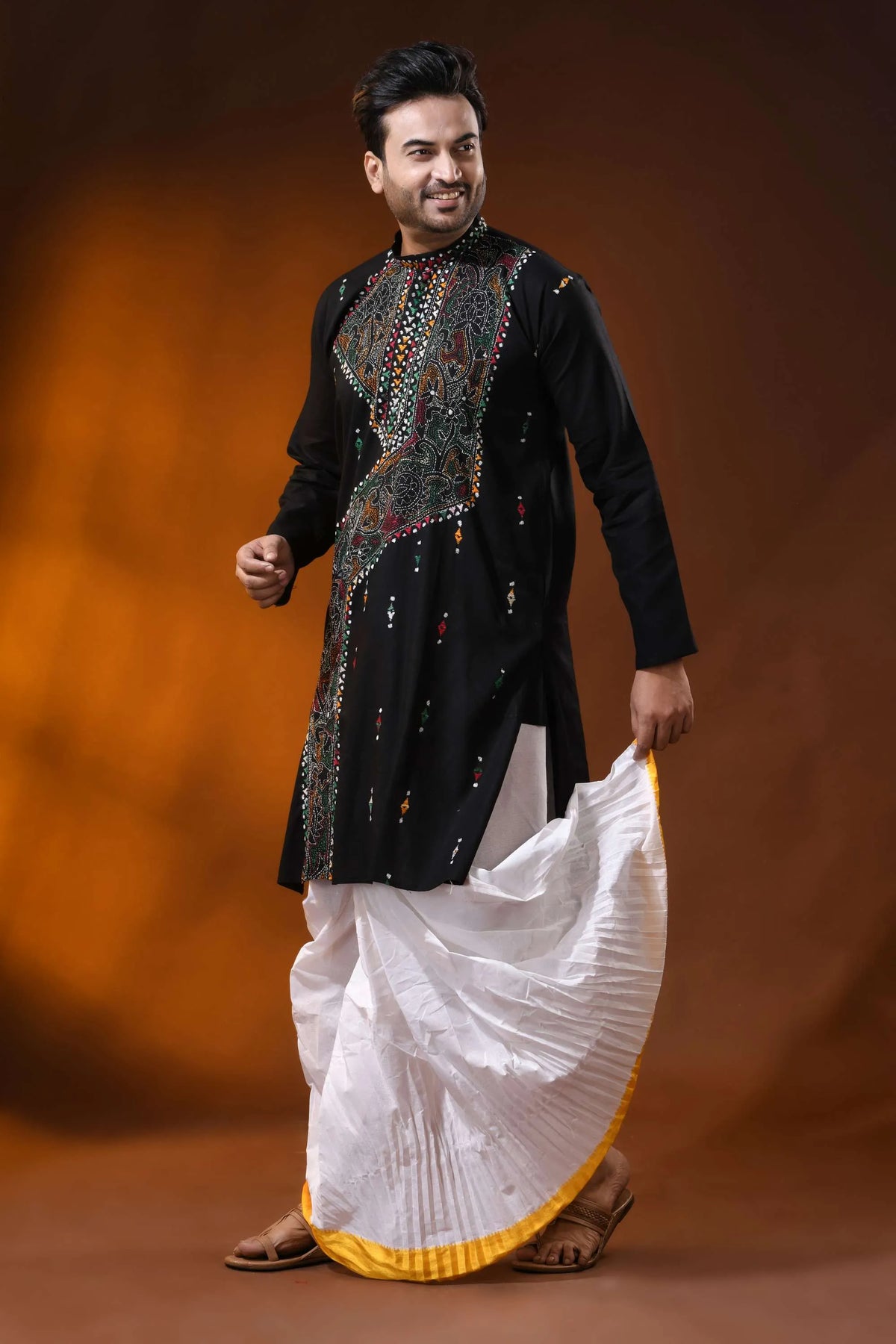 Pitch black multicolor thread kantha stitch pure cotton kurta for men 4