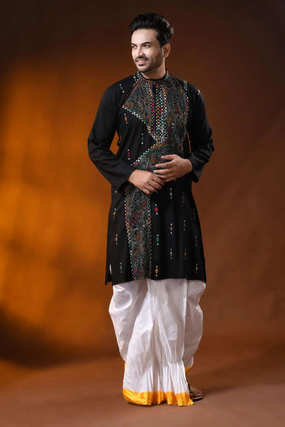 Pitch black multicolor thread kantha stitch pure cotton kurta for men 6