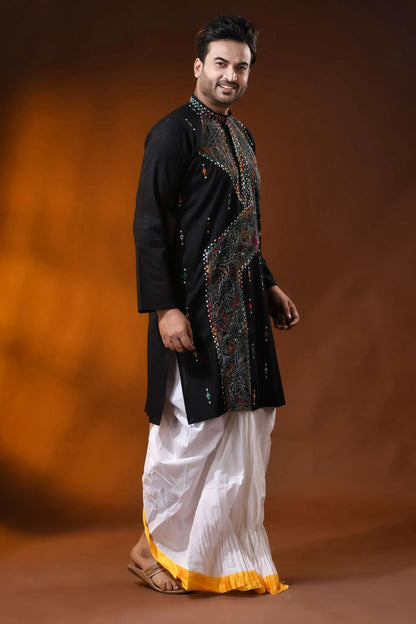 Pitch black multicolor thread kantha stitch pure cotton kurta for men 3