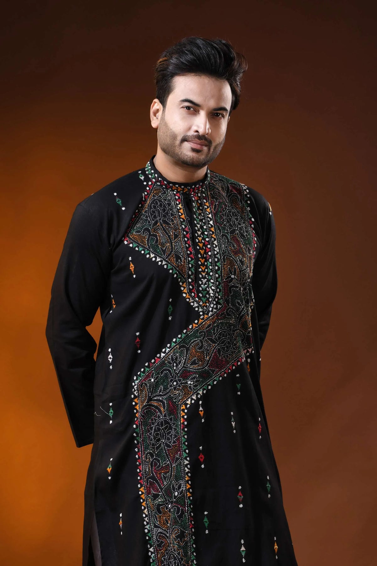Pitch black multicolor thread kantha stitch pure cotton kurta for men 2