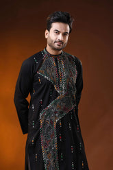 Pitch black multicolor thread kantha stitch pure cotton kurta for men 2