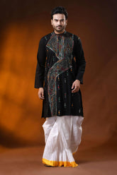 Pitch black multicolor thread kantha stitch pure cotton kurta for men 1