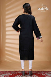Pitch black multicolor thread reverse cotton kantha kurti black kurta colorful sleeve trim 4
