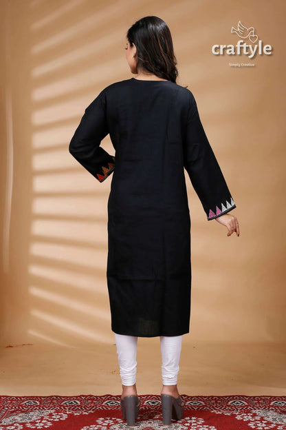 Pitch black multicolor thread reverse cotton kantha kurti black kurta colorful sleeve trim 4