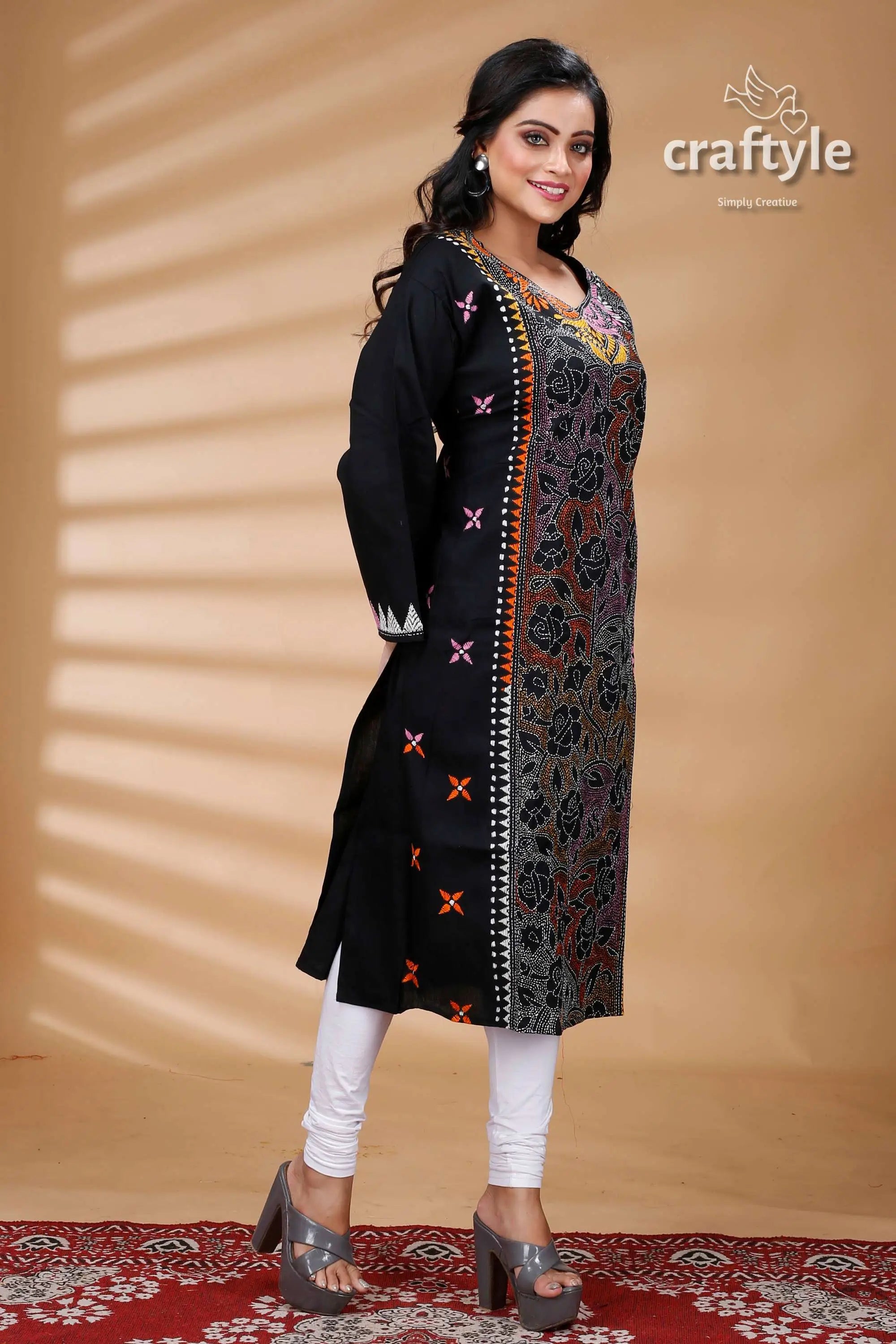 Pitch black multicolor thread reverse cotton kantha kurti black embroidered kurta 3
