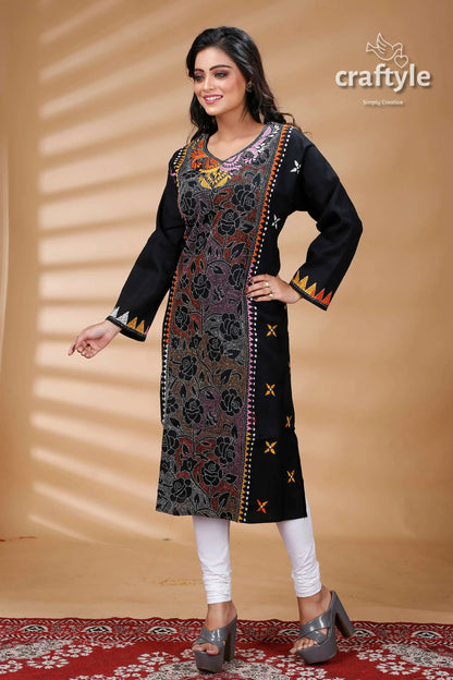 Pitch black multicolor thread reverse cotton kantha kurti black embroidered tunic white leggings 1