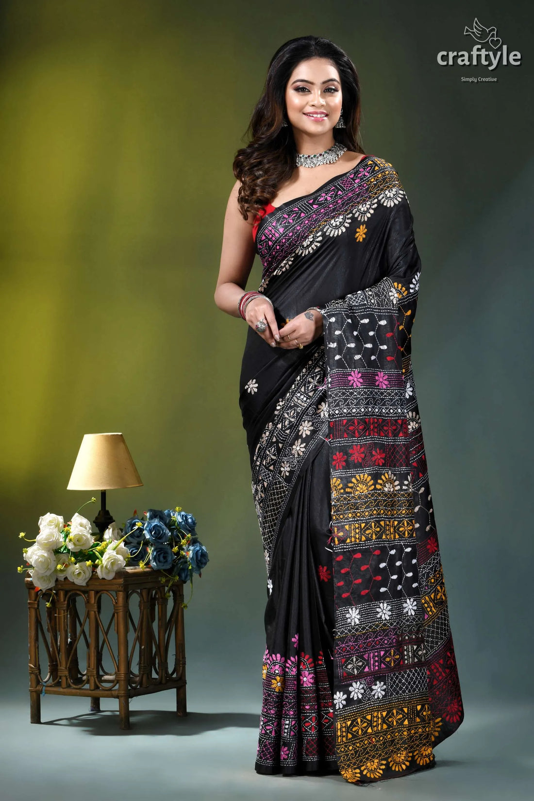 Pitch black multithread floral motif silk lambani embroidery saree black sari intricate multicolored embroidery 1