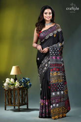 Pitch black multithread floral motif silk lambani embroidery saree black sari intricate multicolored embroidery 1
