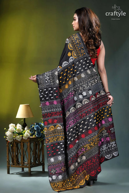 Pitch black multithread floral motif silk lambani embroidery saree black saree intricate multicolored floral 5