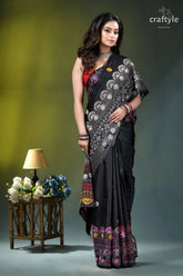 Pitch black multithread floral motif silk lambani embroidery saree black saree intricate white floral 4