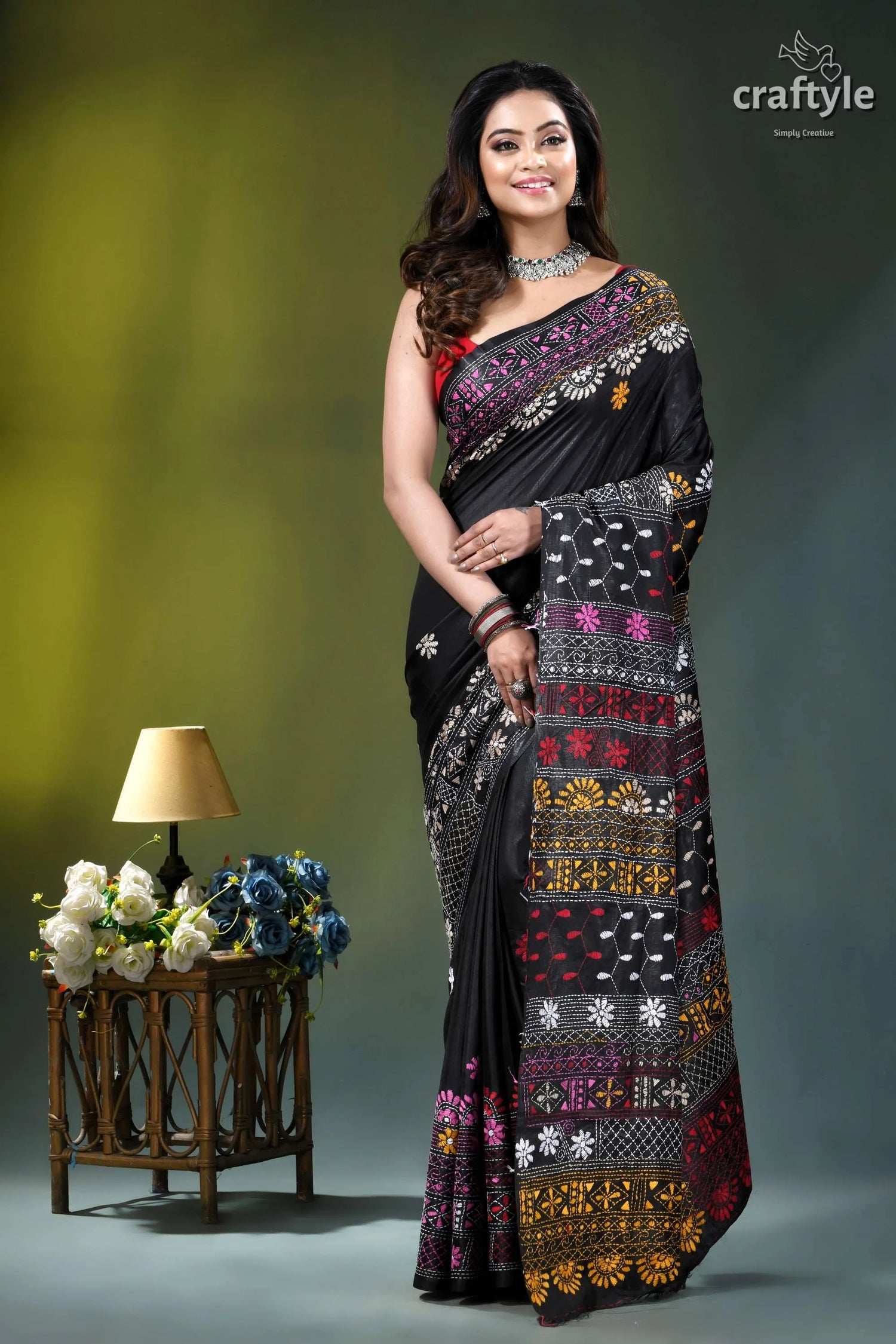 Pitch black multithread floral motif silk lambani embroidery saree black sari intricate multicolored embroidery 6