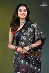 Pitch black multithread floral motif silk lambani embroidery saree black saree intricate white yellow 2
