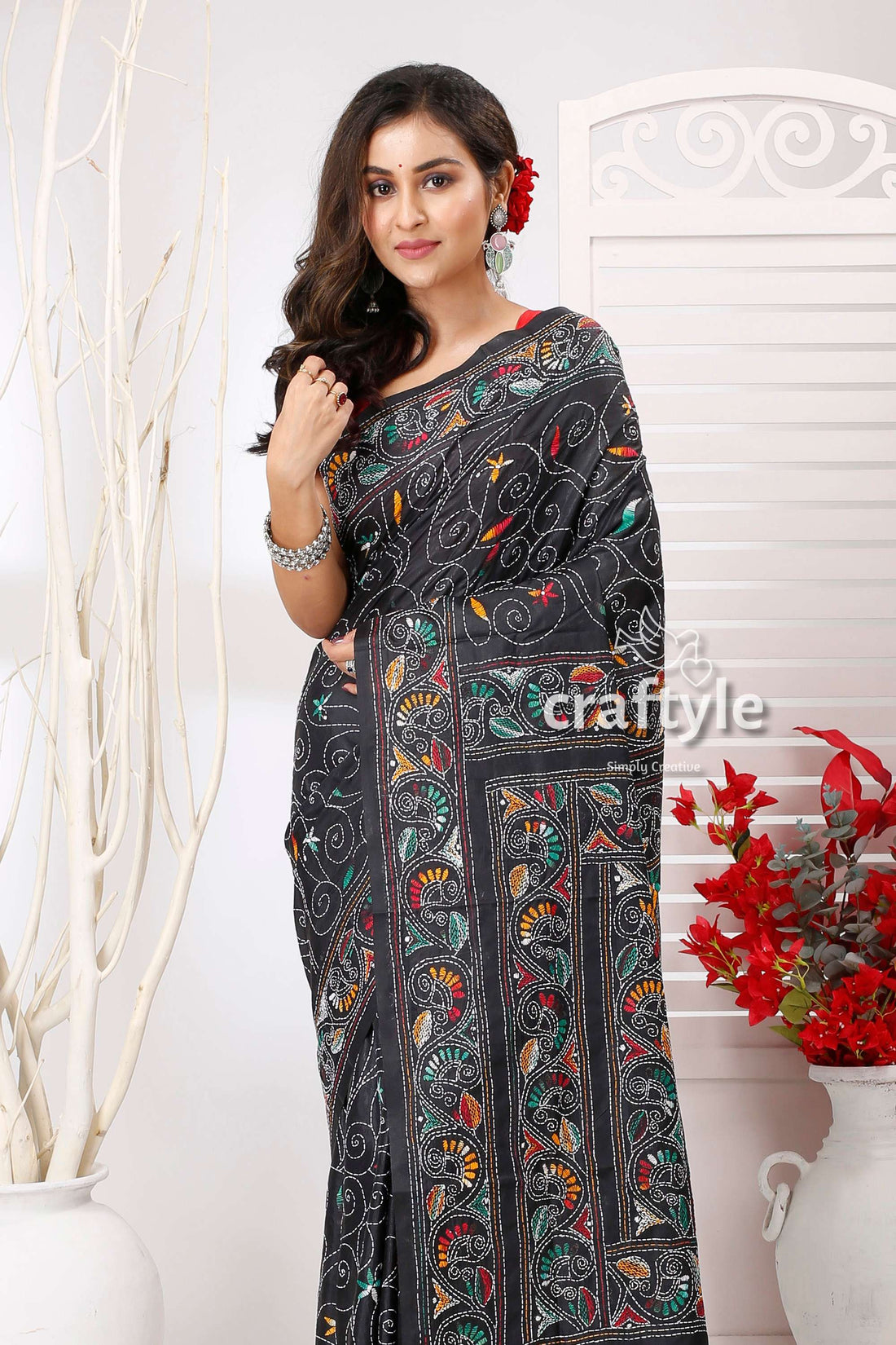 Pitch Black Multithread Hand Embroidered Silk Kantha Work Saree - Craftyle