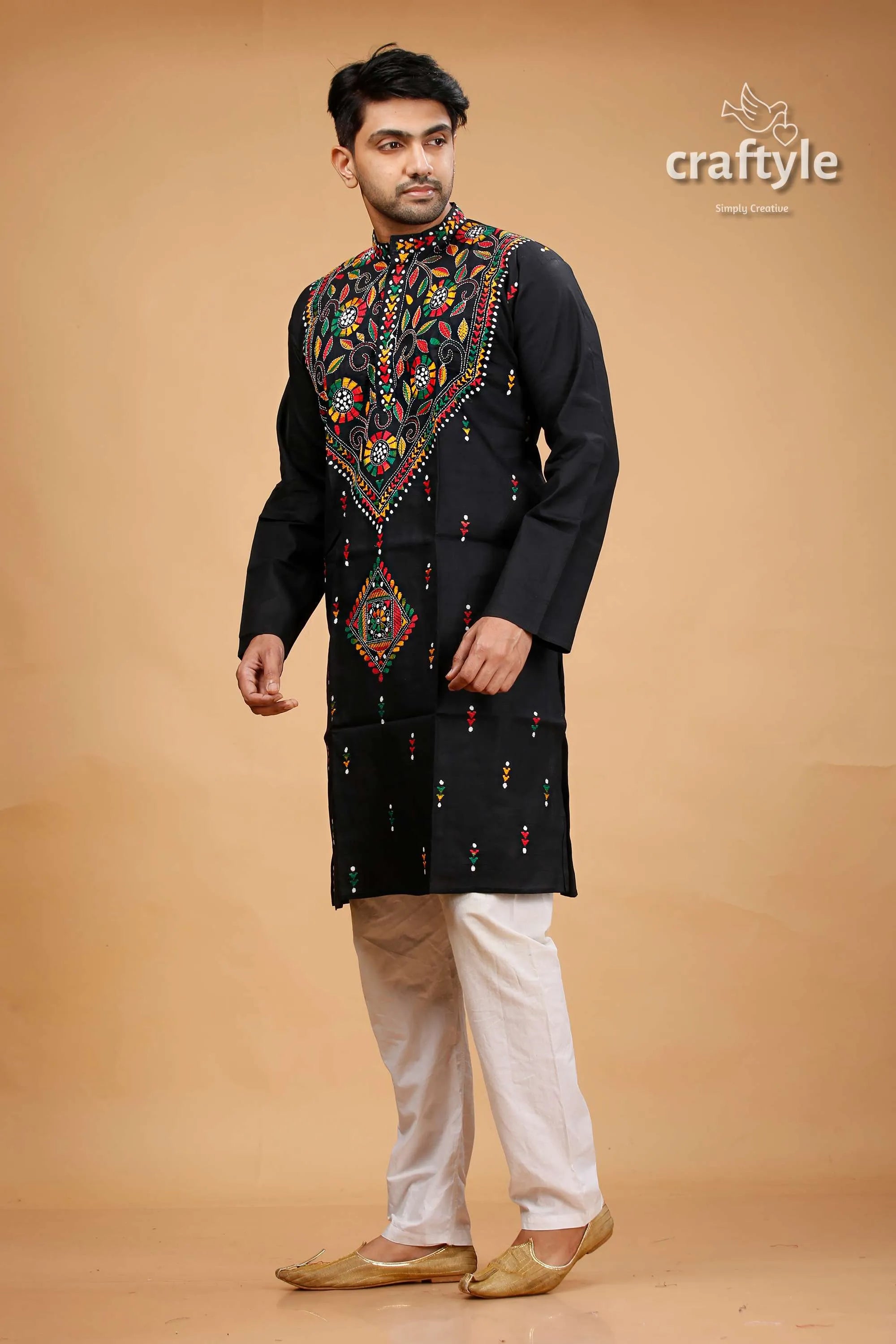 Pitch black multithread hand kantha stitched mens kurta embroidered vibrant multicolored 3