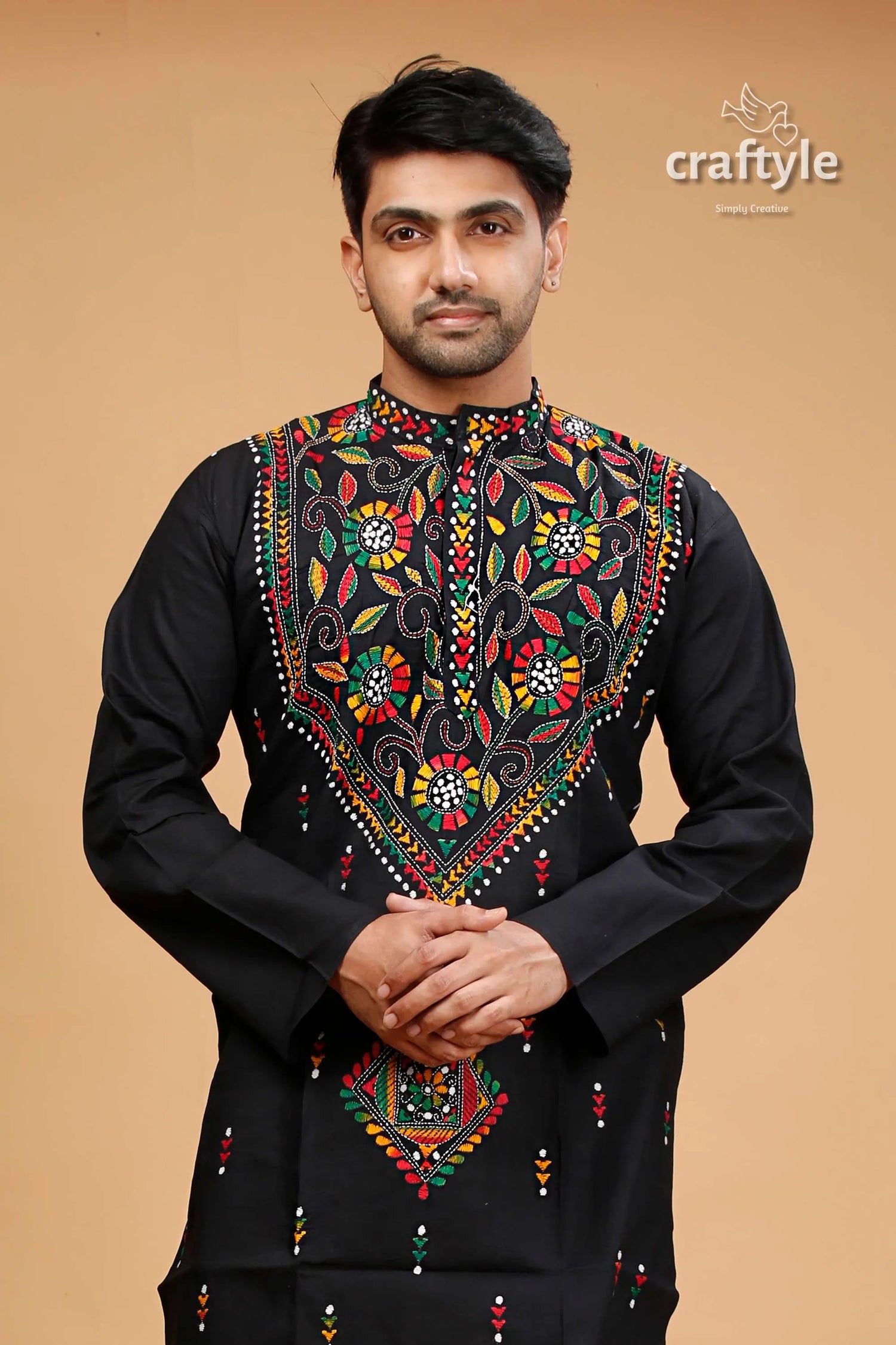 Pitch black multithread hand kantha stitched mens kurta embroidered vibrant floral 2