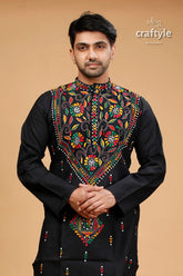 Pitch black multithread hand kantha stitched mens kurta embroidered vibrant floral 2