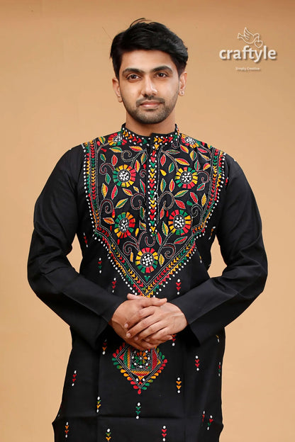 Pitch black multithread hand kantha stitched mens kurta embroidered vibrant floral 2
