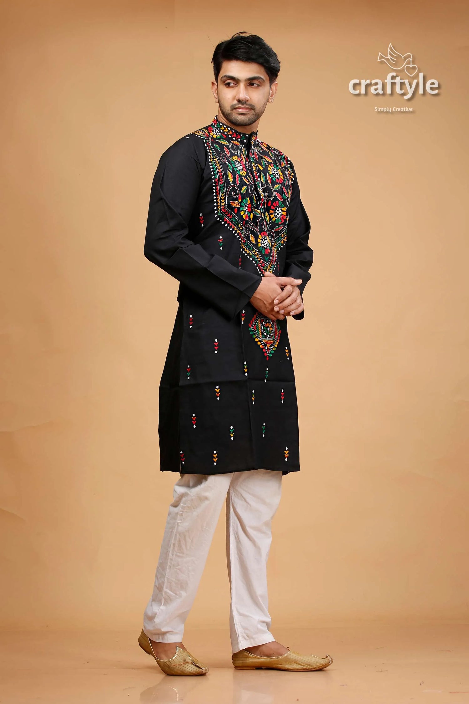 Pitch black multithread hand kantha stitched mens kurta embroidered colorful floral 4