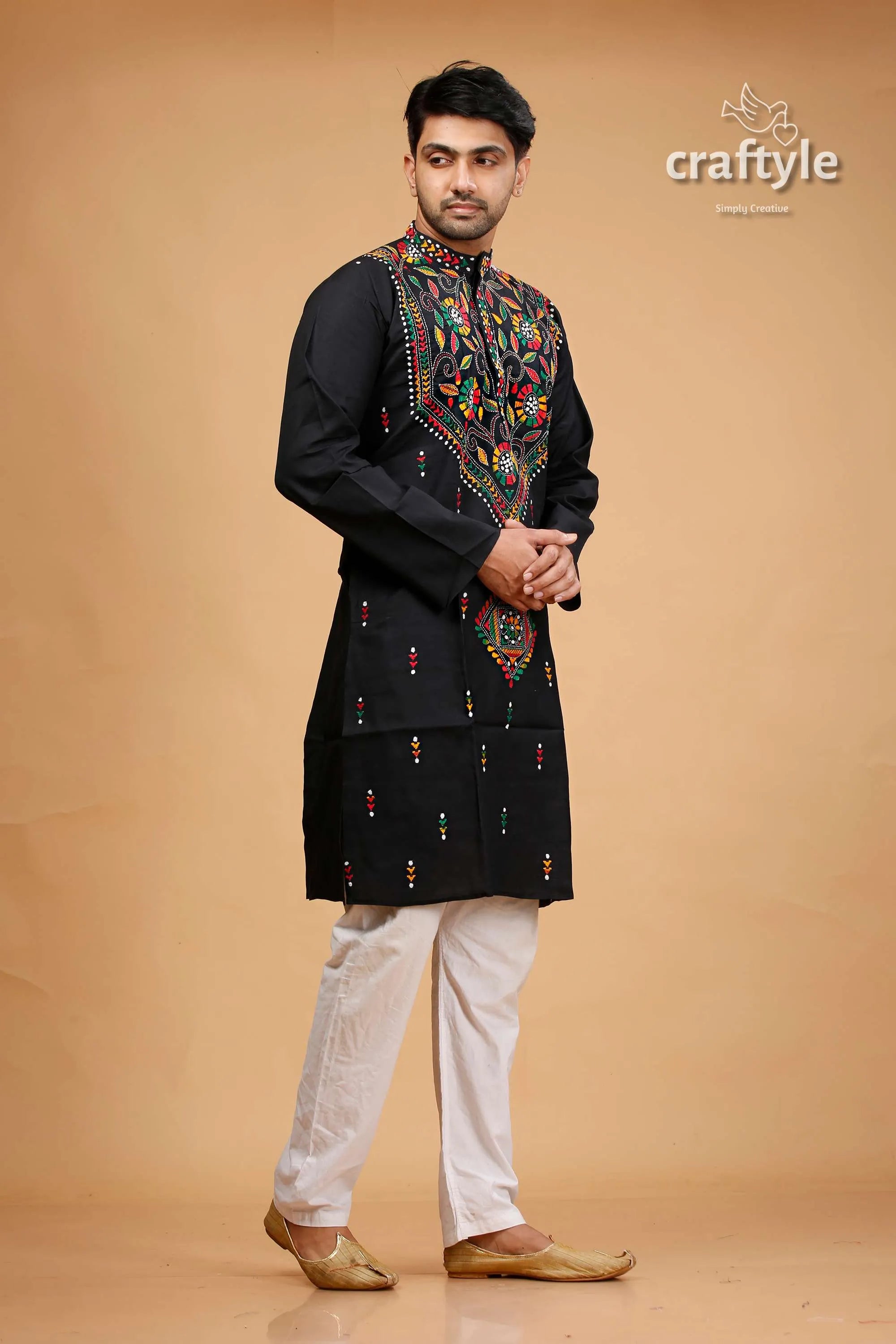 Pitch black multithread hand kantha stitched mens kurta embroidered colorful floral 4