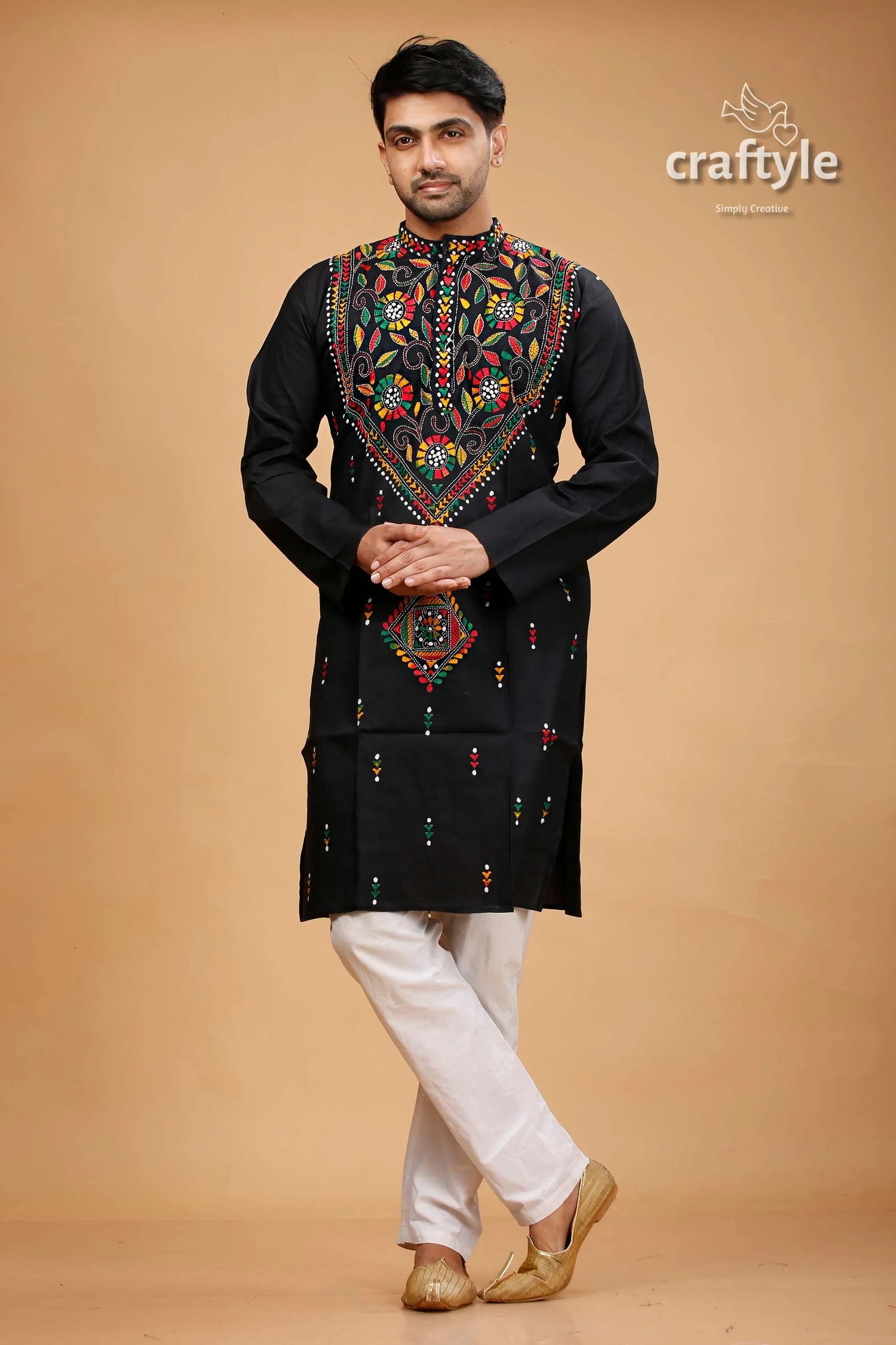 Pitch black multithread hand kantha stitched mens kurta embroidered vibrant multicolored 1