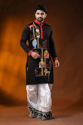 Pitch black pure cotton men’s punjabi with kantha stitch & hand paint 4