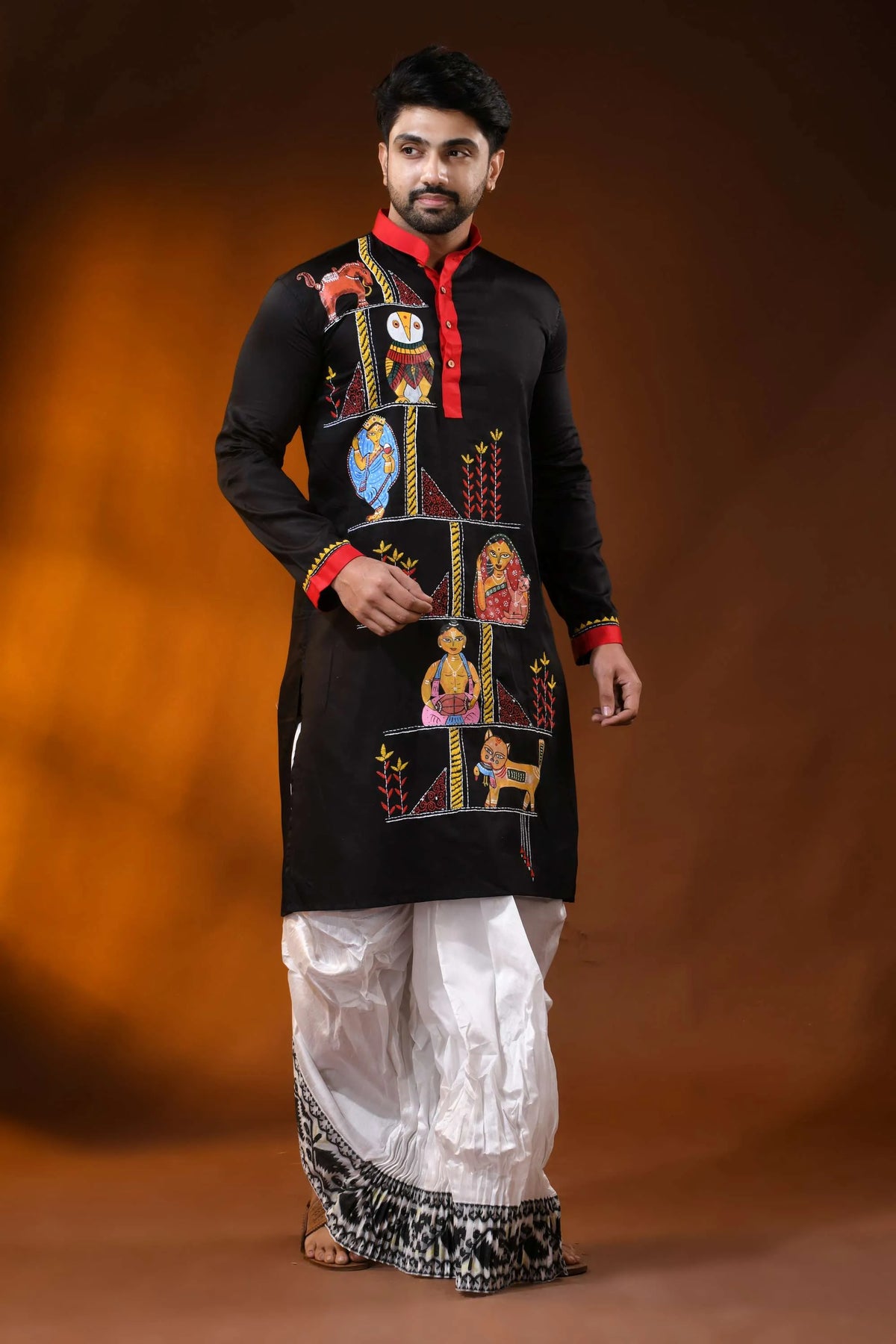 Pitch black pure cotton men’s punjabi with kantha stitch &amp; hand paint 4