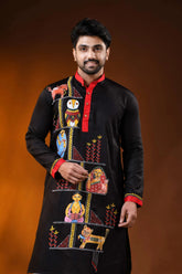 Pitch black pure cotton men’s punjabi with kantha stitch & hand paint 2