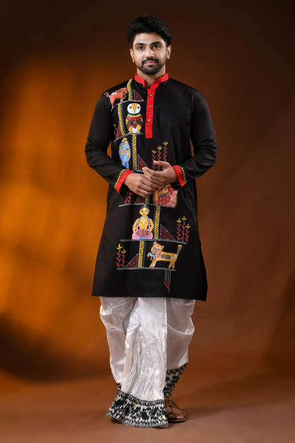 Pitch black pure cotton men’s punjabi with kantha stitch &amp; hand paint 6