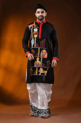 Pitch black pure cotton men’s punjabi with kantha stitch & hand paint 1