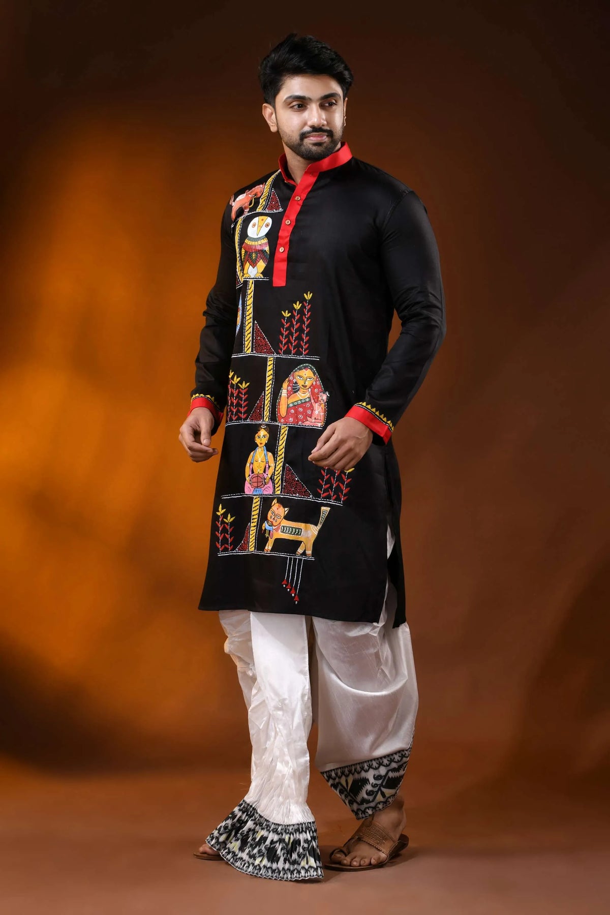 Pitch black pure cotton men’s punjabi with kantha stitch &amp; hand paint 3