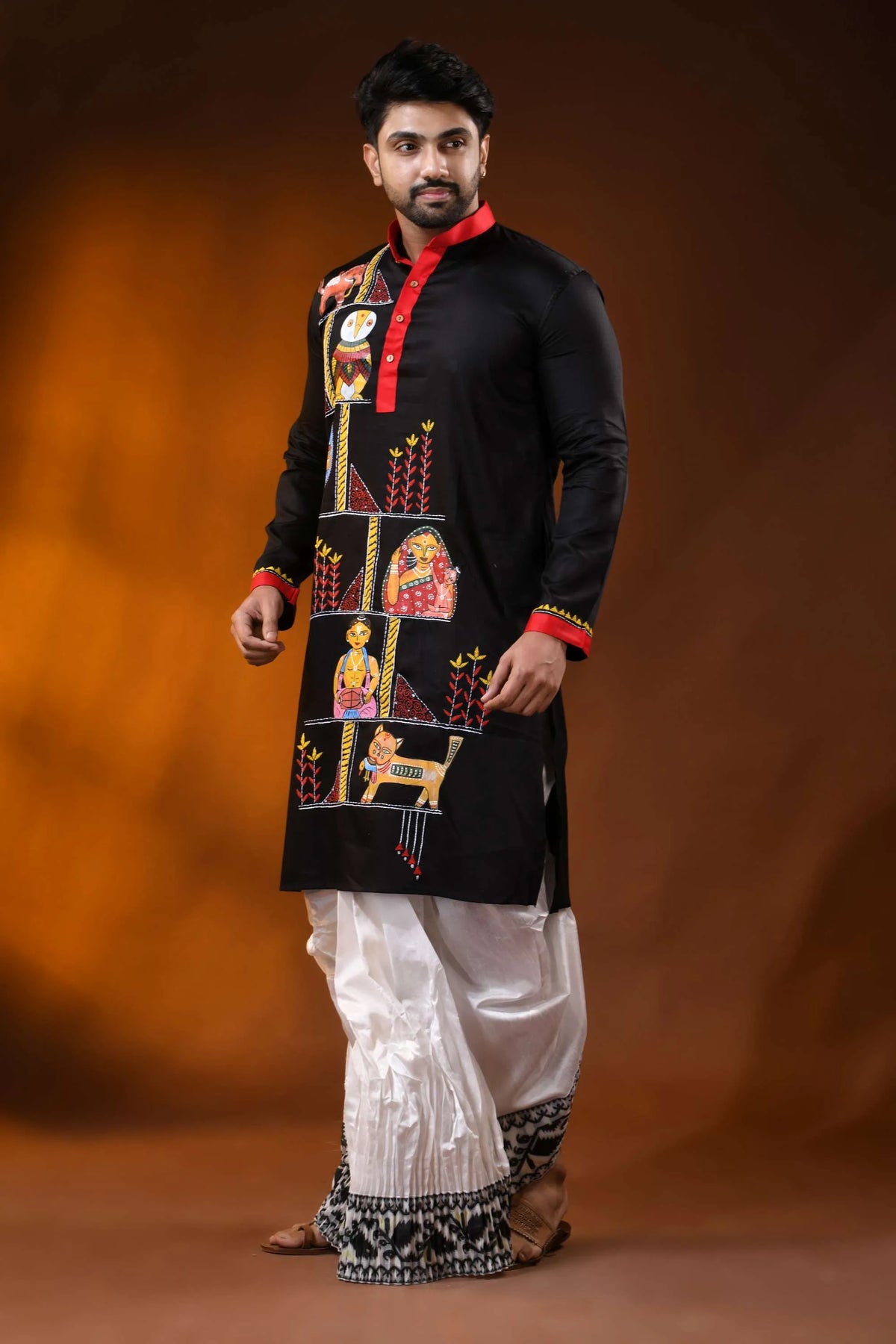 Pitch black pure cotton men’s punjabi with kantha stitch &amp; hand paint 7