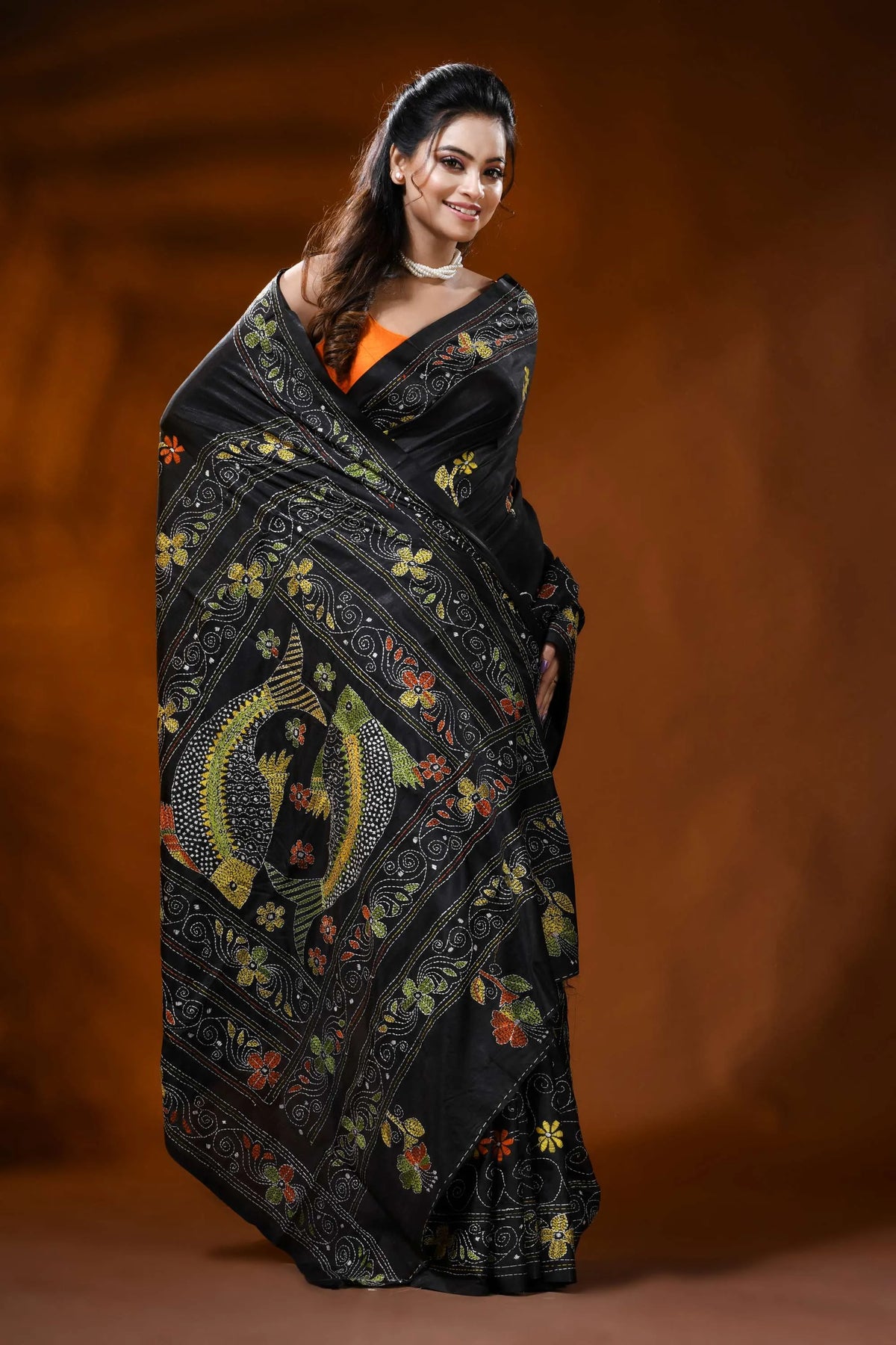 Pitch black silk kantha saree with fish motif hand embroidery 4
