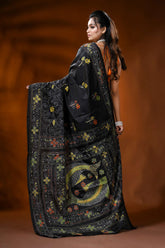 Pitch black silk kantha saree with fish motif hand embroidery 5