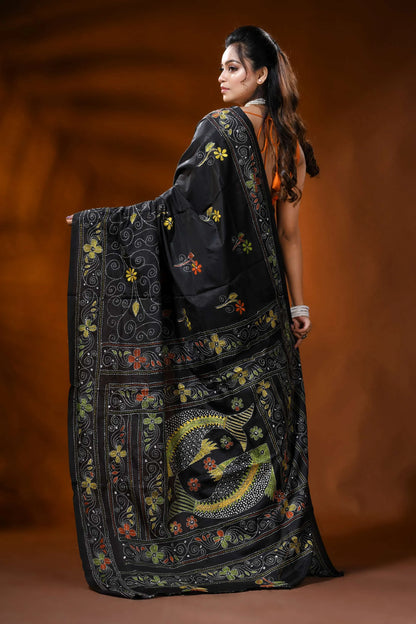Pitch black silk kantha saree with fish motif hand embroidery 5