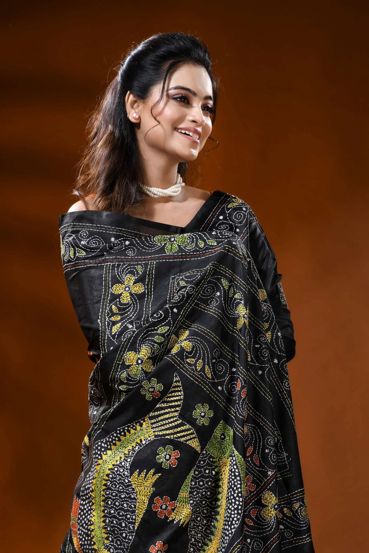 Pitch black silk kantha saree with fish motif hand embroidery 2