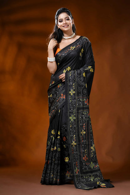 Pitch black silk kantha saree with fish motif hand embroidery 1