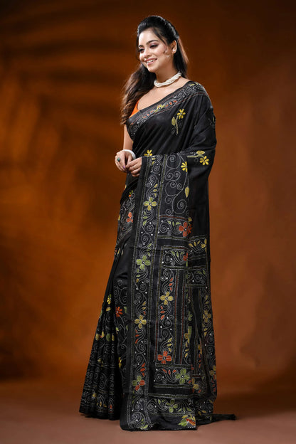 Pitch black silk kantha saree with fish motif hand embroidery 3