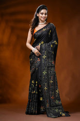Pitch black silk kantha saree with fish motif hand embroidery 6